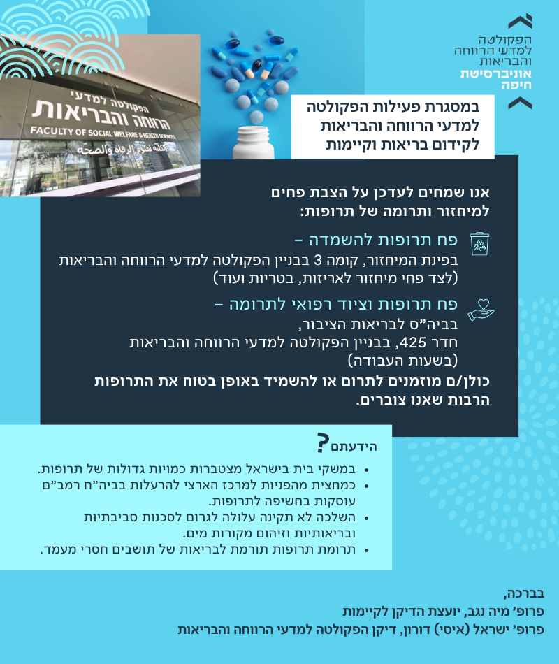 הצבת פחים למיחזור ותרומה של תרופות בבניין הפקולטה למדעי הרווחה והבריאות