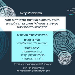 הזוכים/ות במלגת הצטיינות לתלמידי/ות תואר שני שנה ב' מסלול א', מטעם הדיקן ללימודים מתקדמים ובית ספר בלום מביה”ס לעבודה סוציאלית