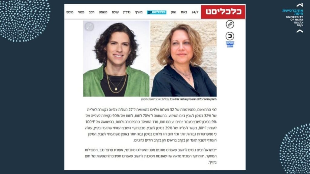 מחקרן של פרופ' גלית וינשטיין ופרופ' מיה נגב, לגביי שינויי האקלים והגברת הסיכון לשבץ, פורסם בעיתון 'כלכליסט'