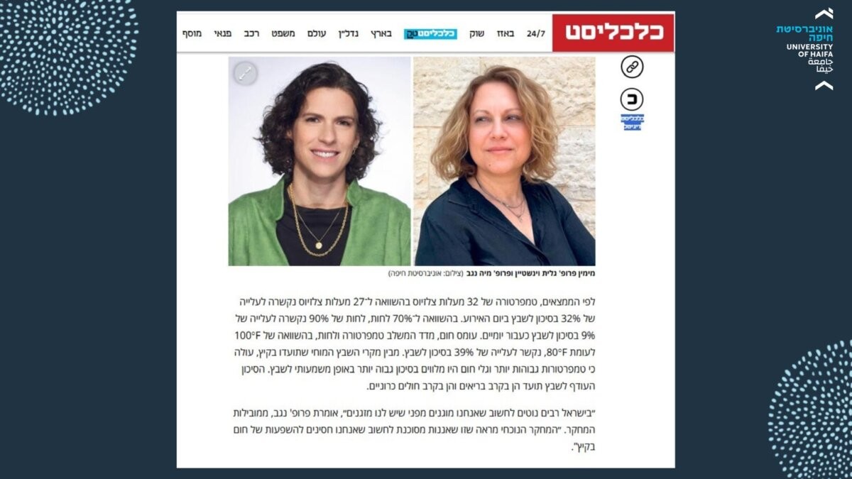 מחקרן של פרופ' גלית וינשטיין ופרופ' מיה נגב, לגביי שינויי האקלים והגברת הסיכון לשבץ, פורסם בעיתון 'כלכליסט'
