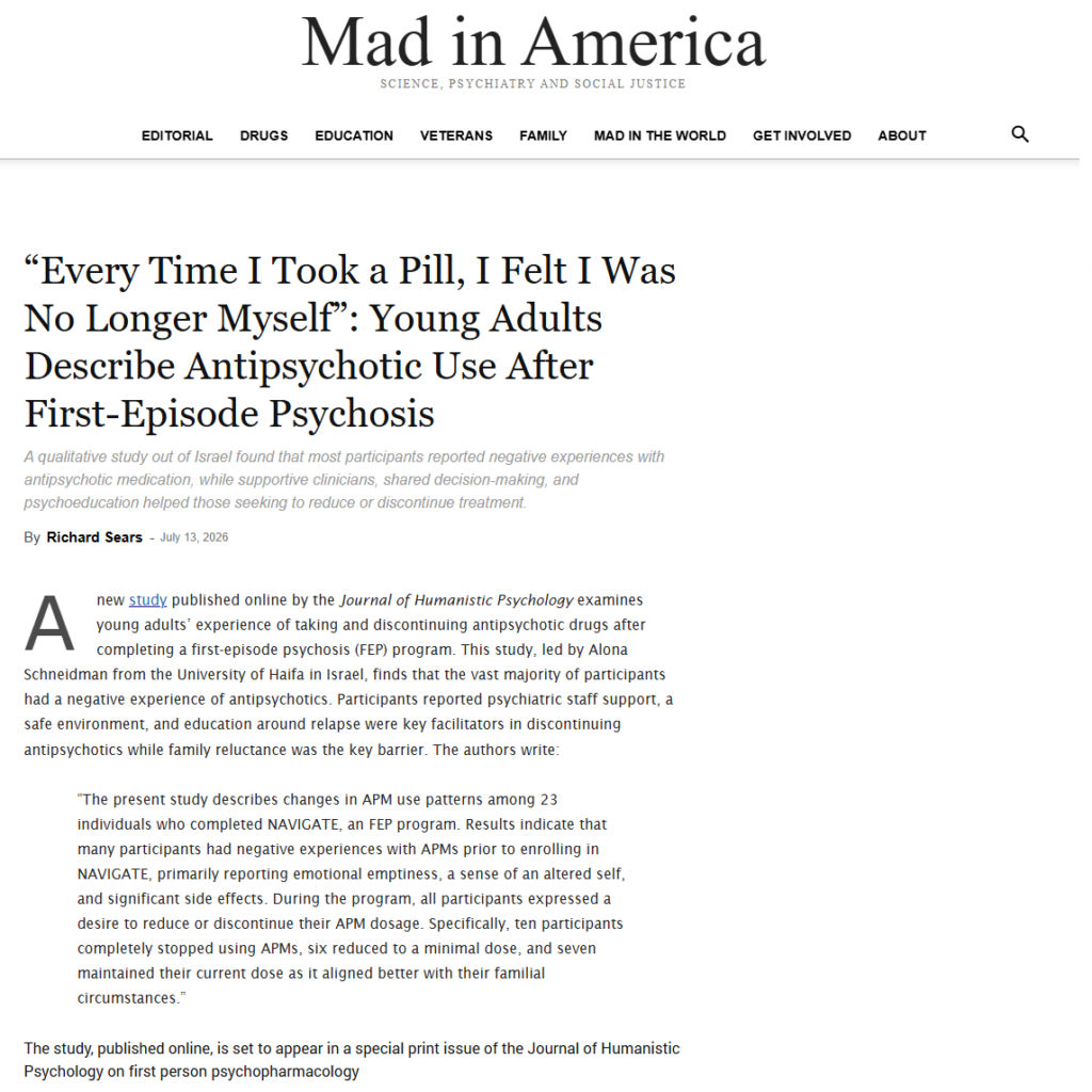 מחקר בנושא: Perceptions and experiences of antipsychotic use and discontinuation among young adults who completed a first-episode psychosis program.