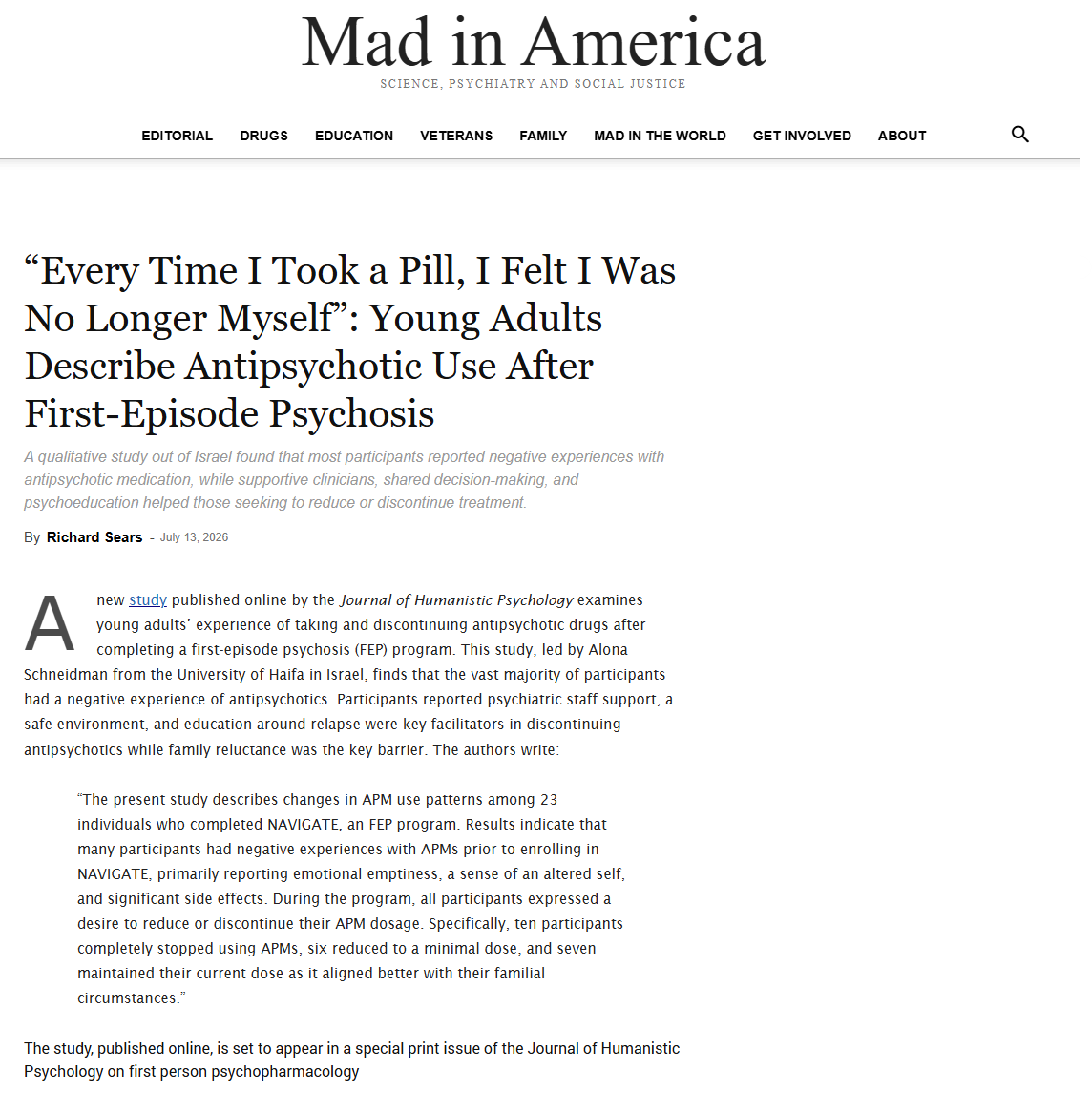 מחקר בנושא: Perceptions and experiences of antipsychotic use and discontinuation among young adults who completed a first-episode psychosis program.